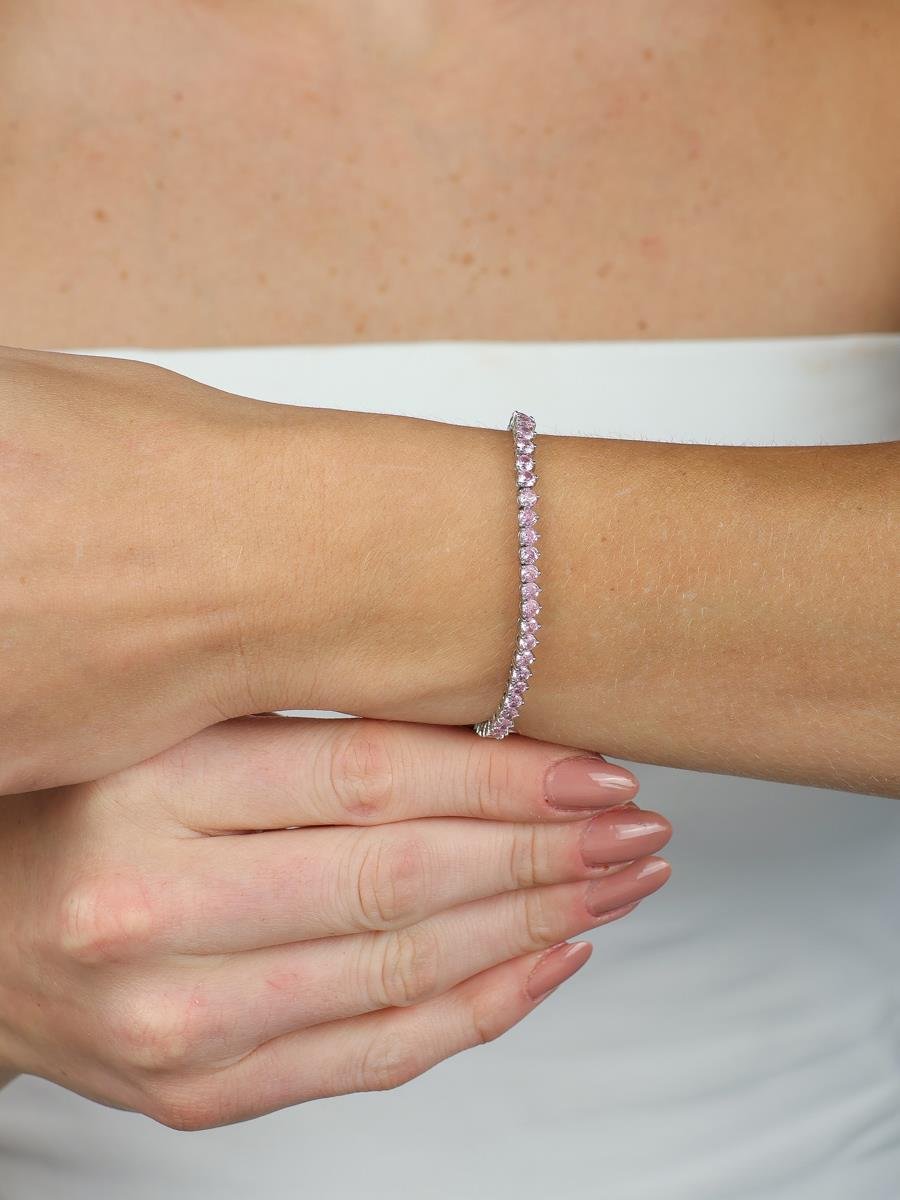 Pulseira Riviera Rosa Kunzita | Banhado a Ródio Branco.