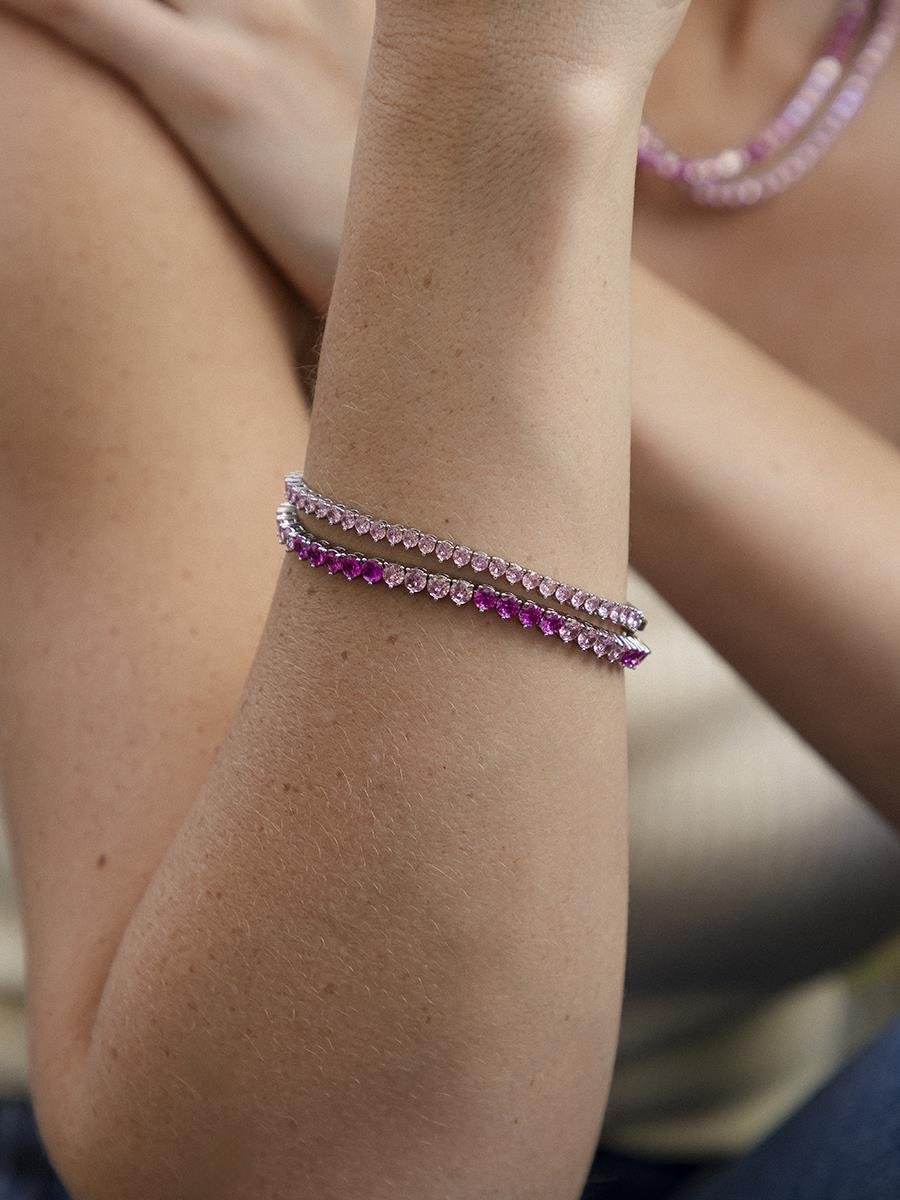 Pulseira Riviera Dúo Rosa | Banhado a Ródio Branco.