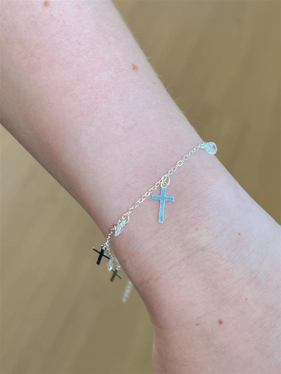 Pulseira Cruz Com Ponto De Luz | Banho De Prata 