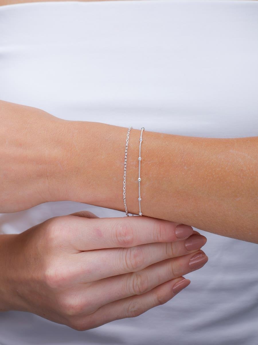 Pulseira Veneziana com Bolinha Dupla com Mini Elo | Banho de Prata.