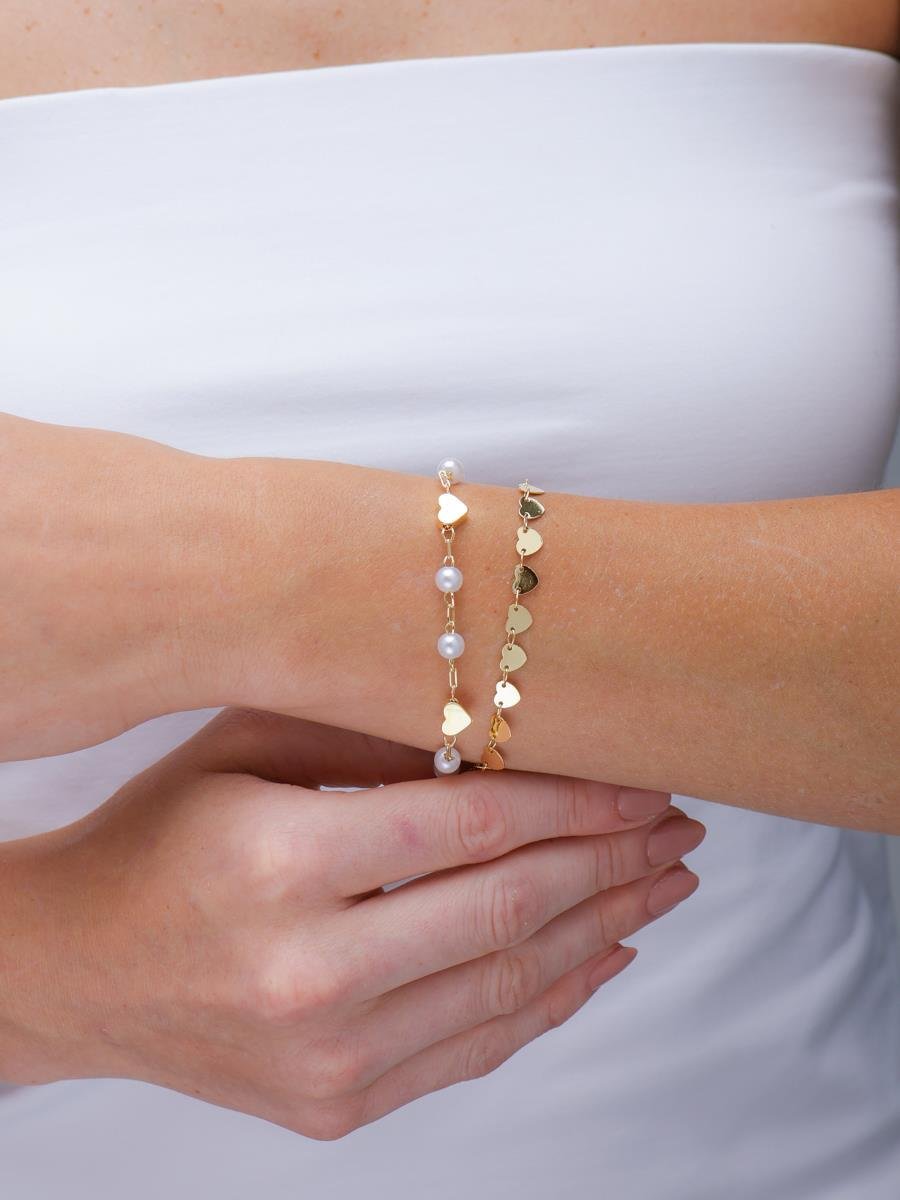 Pulseira Dupla Coração com Pérola | Banhado a Ouro.