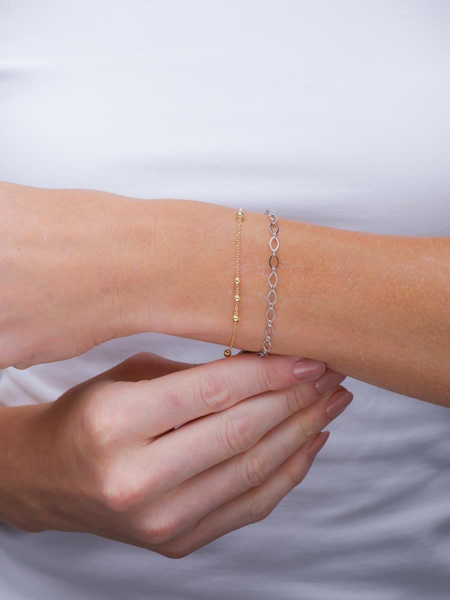 Pulseira Elos Dupla Mini Elo com Bolinha | Banhado a Ouro e Ródio Branco.