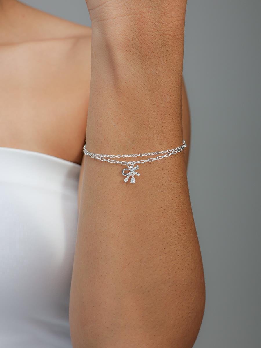 Pulseira Dupla Laço Cravejado | Banho de Prata.