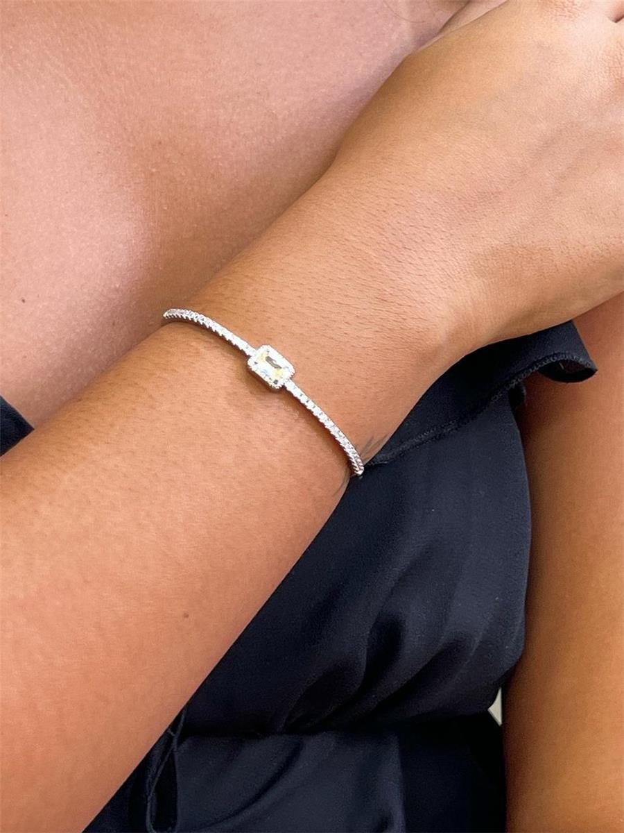 Bracelete Fino Cravejado com Pedra Amarelo Citrino Retangular | Banhado a Ródio Branco.