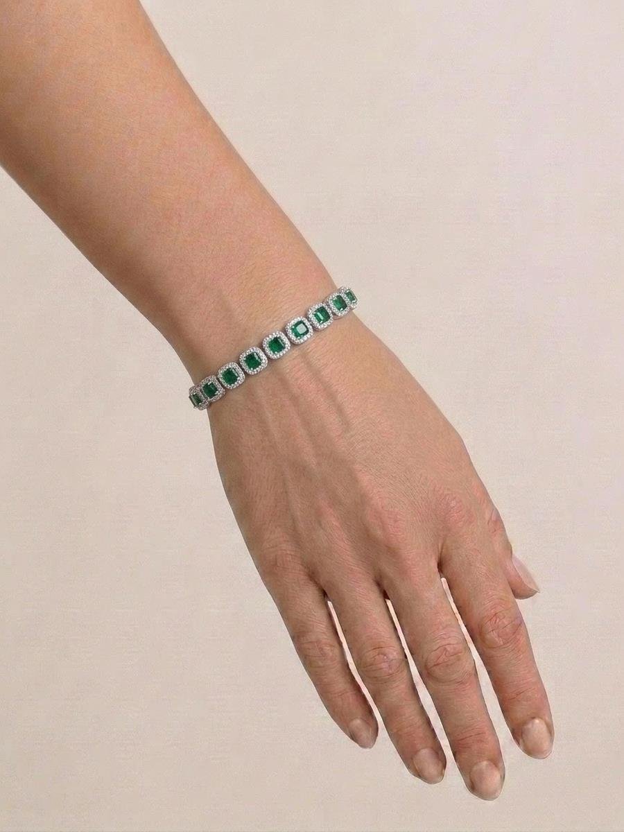 Pulseira Riviera Elos Quadrados Verde Esmeralda | Banhado a Ródio Branco.