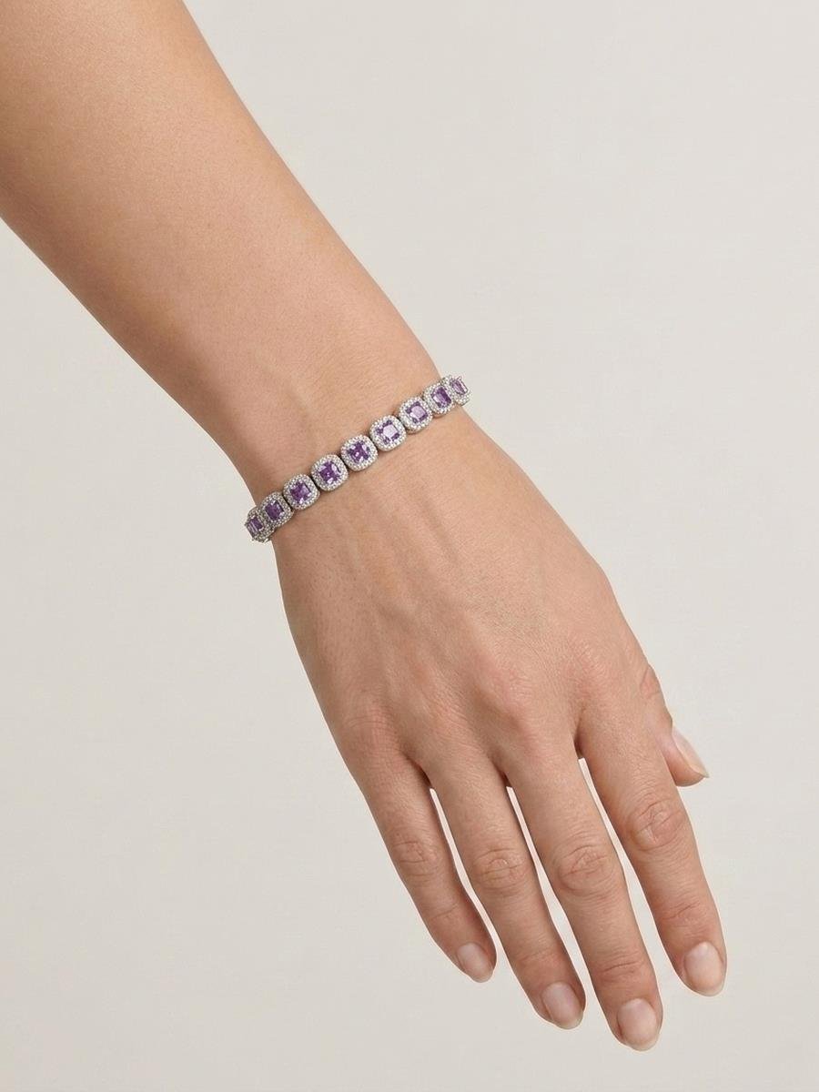 Pulseira Riviera Elos Quadrados Ametista | Banhado a Ródio Branco.