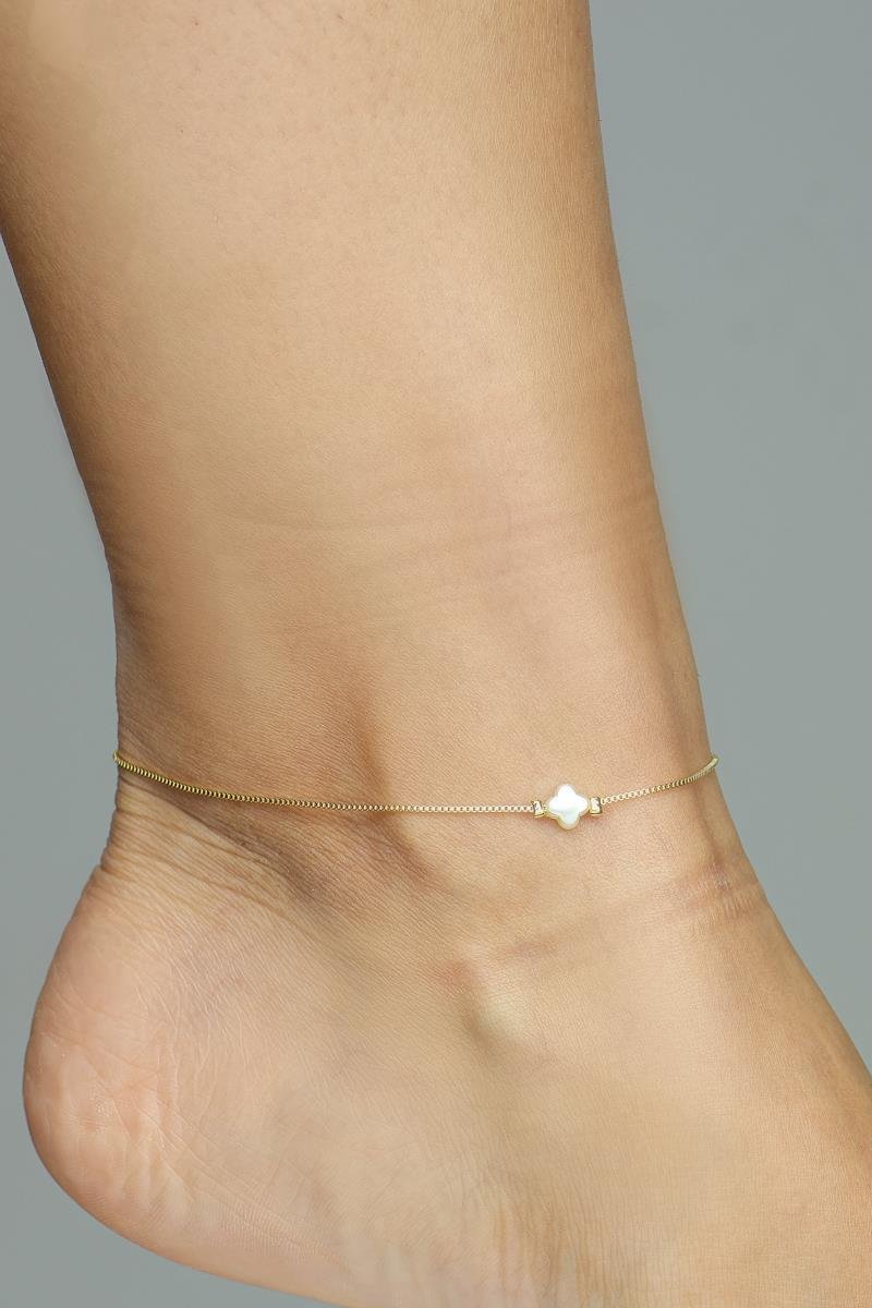 Tornozeleira Veneziana Com Trevo Pérola | Banhado a Ouro